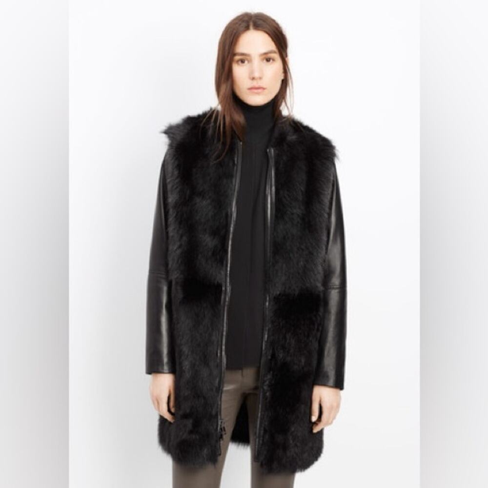Vince Shearling Fur Lamb Leather Coat Black Full Zip Jacket Spanish Toscana M
